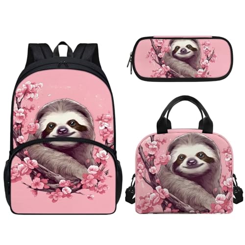 Woisttop Kinder-Rucksack, Schul-Büchertasche mit wiederverwendbarer Lunchtasche, Federmäppchen, 3-teiliges Set, Vorschule, Elementarrucksack, Tagesrucksack, Rucksack, Faultier von Woisttop