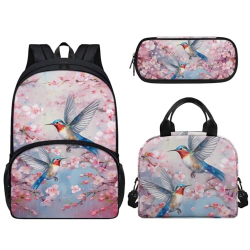 Woisttop Kinder-Rucksack, Schul-Büchertasche mit wiederverwendbarer Lunchtasche, Federmäppchen, 3-teiliges Set, Vorschule, Elementarrucksack, Tagesrucksack, Rucksack, Kolibri von Woisttop