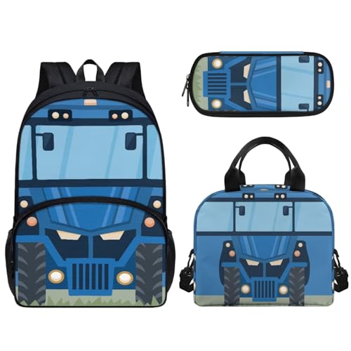 Woisttop Kinder-Rucksack, Schul-Büchertasche mit wiederverwendbarer Lunchtasche, Federmäppchen, 3-teiliges Set, Vorschule, Elementarrucksack, Tagesrucksack, Rucksack, Traktor-Cartoon von Woisttop