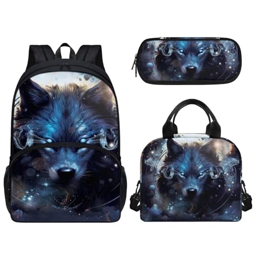 Woisttop Kinder-Rucksack, Schul-Büchertasche mit wiederverwendbarer Lunchtasche, Federmäppchen, 3-teiliges Set, Vorschule, Elementarrucksack, Tagesrucksack, Rucksack, Wolf 3D von Woisttop