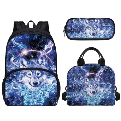 Woisttop Kinder-Rucksack, Schul-Büchertasche mit wiederverwendbarer Lunchtasche, Federmäppchen, 3-teiliges Set, Vorschule, Elementarrucksack, Tagesrucksack, Rucksack, Wolf Cool von Woisttop