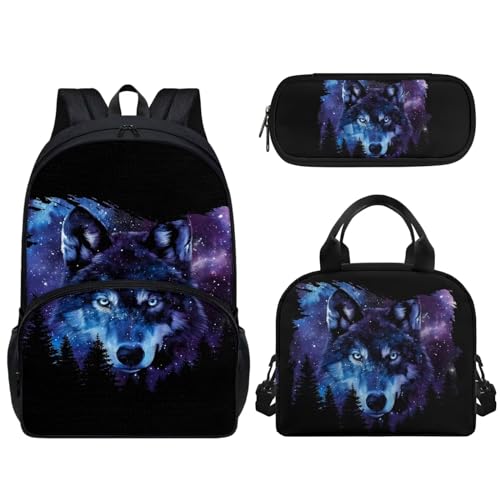 Woisttop Kinder-Rucksack, Schul-Büchertasche mit wiederverwendbarer Lunchtasche, Federmäppchen, 3-teiliges Set, Vorschule, Elementarrucksack, Tagesrucksack, Rucksack, Wolfsdruck von Woisttop