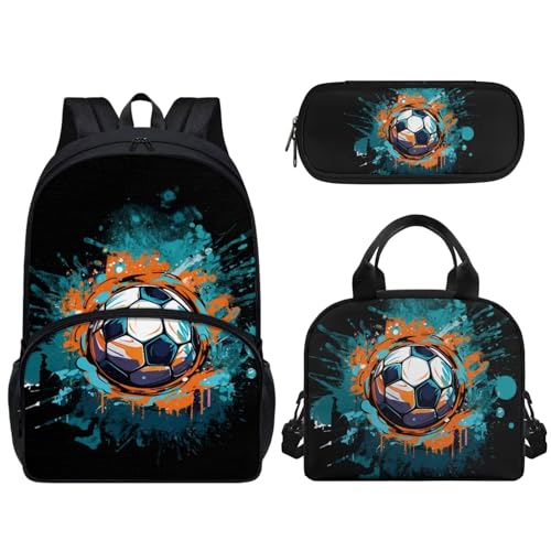 Woisttop Kinder-Rucksack, Schul-Büchertasche mit wiederverwendbarer Lunchtasche, Federmäppchen, 3-teiliges Set, Vorschule, Elementarrucksack, Tagesrucksack, Rucksack, fußball von Woisttop