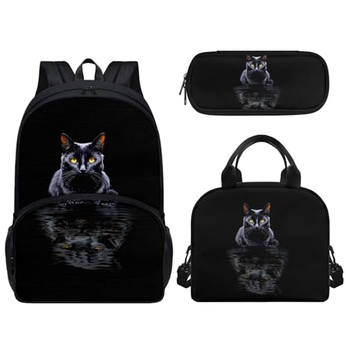 Woisttop Kinder-Rucksack, Schul-Büchertasche mit wiederverwendbarer Lunchtasche, Federmäppchen, 3-teiliges Set, Vorschule, Elementarrucksack, Tagesrucksack, Rucksack, schwarze katze von Woisttop