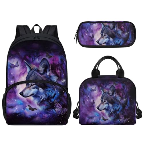 Woisttop Kinder-Rucksack, Schul-Büchertasche mit wiederverwendbarer Lunchtasche, Federmäppchen, 3-teiliges Set, Vorschule, Elementarrucksack, Tagesrucksack, Rucksack, wolf von Woisttop