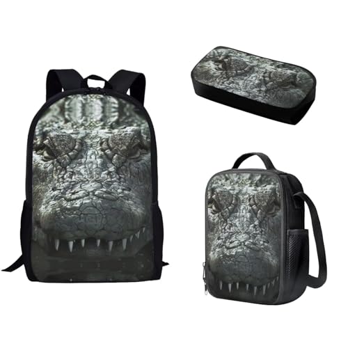 Woisttop Kinder-Schulranzen-Rucksack-Set für Jungen, Büchertaschen, Rucksack mit wiederverwendbarer Lunchtasche, Federmäppchen, 3-teiliges Set, Crocodile Cool von Woisttop