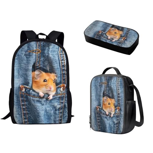 Woisttop Kinder-Schulranzen-Rucksack-Set für Jungen, Büchertaschen, Rucksack mit wiederverwendbarer Lunchtasche, Federmäppchen, 3-teiliges Set, Denim Eichhörnchen von Woisttop