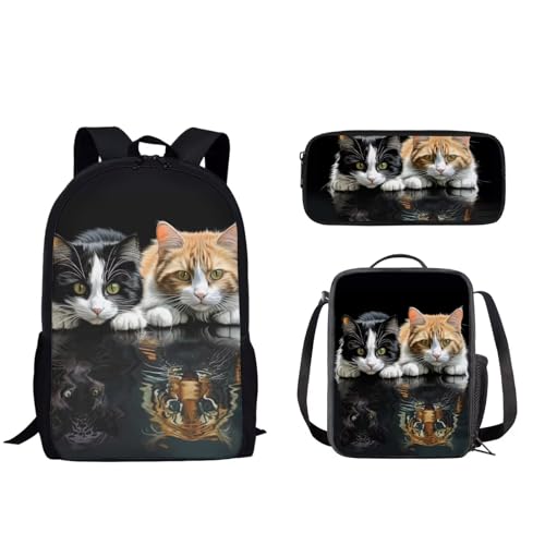 Woisttop Kinder-Schulranzen-Rucksack-Set für Jungen, Büchertaschen, Rucksack mit wiederverwendbarer Lunchtasche, Federmäppchen, 3-teiliges Set, Katze bricht Tiger von Woisttop