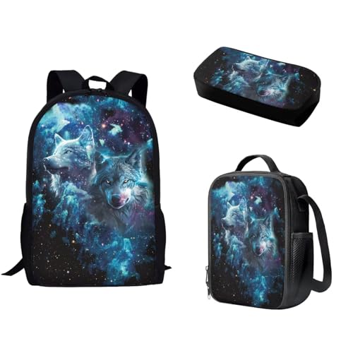 Woisttop Kinder-Schulranzen-Rucksack-Set für Jungen, Büchertaschen, Rucksack mit wiederverwendbarer Lunchtasche, Federmäppchen, 3-teiliges Set, Wolf Blue von Woisttop