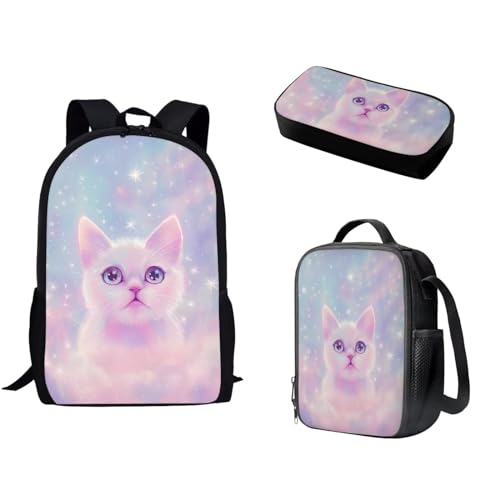 Woisttop Kinder-Schulranzen-Rucksack-Set für Jungen, Büchertaschen, Rucksack mit wiederverwendbarer Lunchtasche, Federmäppchen, 3-teiliges Set, katze von Woisttop