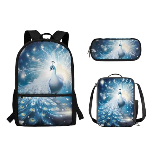 Woisttop Kinder-Schulrucksack mit Lunchbox, Federmäppchen, 3-in-1-Set, Lagerkapazität, Schüler, Büchertaschen, Schultertaschen, pfau von Woisttop