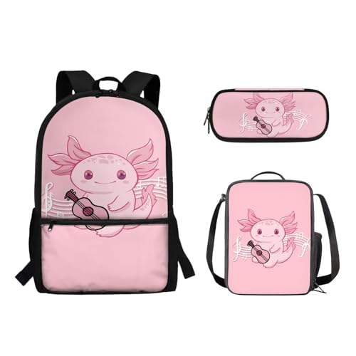 Woisttop Kinder-Schulrucksack mit Lunchbox, Federmäppchen, 3-in-1-Set, Lagerkapazität, Schüler-Büchertaschen, Schultertaschen, Axolotl von Woisttop