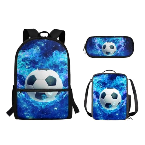 Woisttop Kinder-Schulrucksack mit Lunchbox, Federmäppchen, 3-in-1-Set, Lagerkapazität, Schüler-Büchertaschen, Schultertaschen, Fußball-Aufdruck von Woisttop