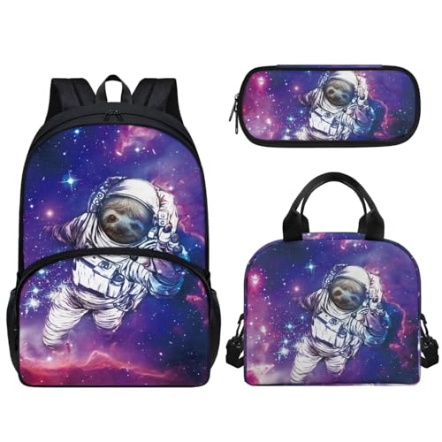 Woisttop Kinder-Schulrucksack mit Lunchbox, Federmäppchen, 3-in-1-Set, Unisex, Kinder, Teenager, Schulranzen-Set mit Fronttasche, Astronauten-Faultier von Woisttop