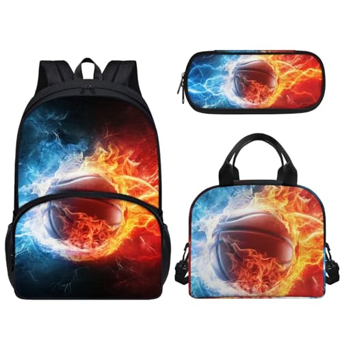 Woisttop Kinder-Schulrucksack mit Lunchbox, Federmäppchen, 3-in-1-Set, Unisex, Kinder, Teenager, Schulranzen-Set mit Fronttasche, Basketball von Woisttop