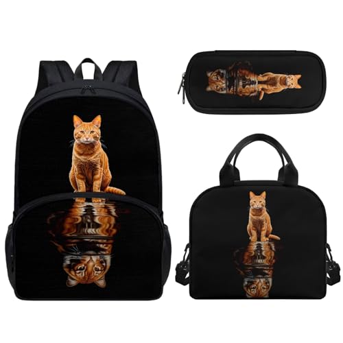 Woisttop Kinder-Schulrucksack mit Lunchbox, Federmäppchen, 3-in-1-Set, Unisex, Kinder, Teenager, Schulranzen-Set mit Fronttasche, Katze bricht Tiger von Woisttop