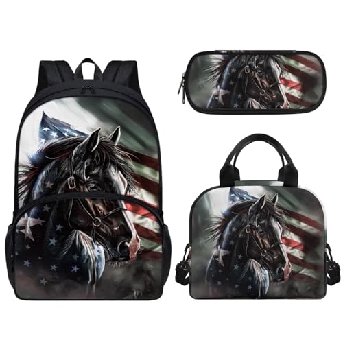 Woisttop Kinder-Schulrucksack mit Lunchbox, Federmäppchen, 3-in-1-Set, Unisex, Kinder, Teenager, Schulranzen-Set mit Fronttasche, Pferd mit amerikanischer Flagge von Woisttop