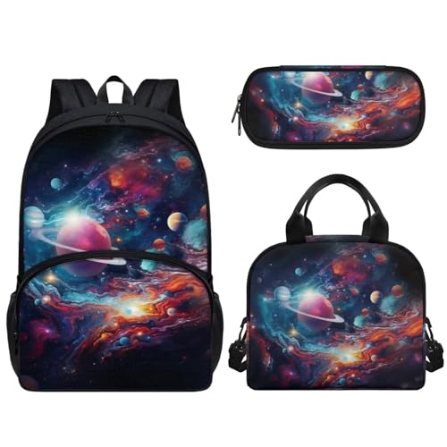 Woisttop Kinder-Schulrucksack mit Lunchbox, Federmäppchen, 3-in-1-Set, Unisex, Kinder, Teenager, Schulranzen-Set mit Fronttasche, Planet von Woisttop