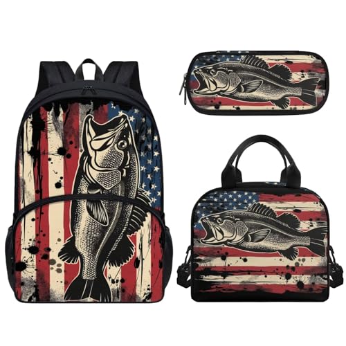 Woisttop Kinder-Schulrucksack mit Lunchbox, Federmäppchen, 3-in-1-Set, Unisex, Kinder, Teenager, Schulranzen-Set mit Fronttasche, US-Flagge von Woisttop