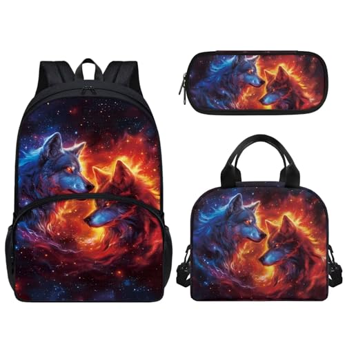 Woisttop Kinder-Schulrucksack mit Lunchbox, Federmäppchen, 3-in-1-Set, Unisex, Kinder, Teenager, Schulranzen-Set mit Fronttasche, Wölfe von Woisttop