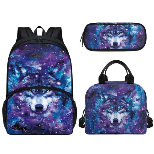 Woisttop Kinder-Schulrucksack mit Lunchbox, Federmäppchen, 3-in-1-Set, Unisex, Kinder, Teenager, Schulranzen-Set mit Fronttasche, Wolfsdruck von Woisttop