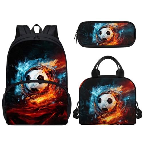 Woisttop Kinder-Schulrucksack mit Lunchbox, Federmäppchen, 3-in-1-Set, Unisex, Kinder, Teenager, Schulranzen-Set mit Fronttasche, fußball von Woisttop