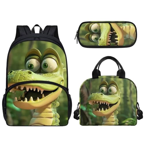 Woisttop Kinder-Schulrucksack mit Lunchbox, Federmäppchen, 3-in-1-Set, Unisex, Kinder, Teenager, Schulranzen-Set mit Fronttasche, krokodil von Woisttop