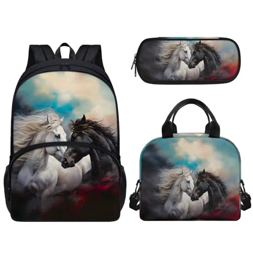 Woisttop Kinder-Schulrucksack mit Lunchbox, Federmäppchen, 3-in-1-Set, Unisex, Kinder, Teenager, Schulranzen-Set mit Fronttasche, pferd von Woisttop