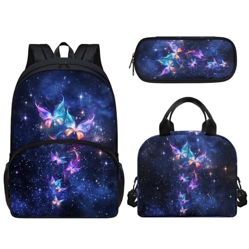 Woisttop Kinder-Schulrucksack mit Lunchbox, Federmäppchen, 3-in-1-Set, Unisex, Kinder, Teenager, Schulranzen-Set mit Fronttasche, schmetterling von Woisttop