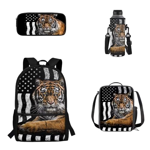 Woisttop Rucksack Schulranzen 4er Set Kinder Teenager Schultasche mit Lunchbox Federmäppchen Wasserbecher Cover Set, Amerikanische Flagge, Tiger von Woisttop