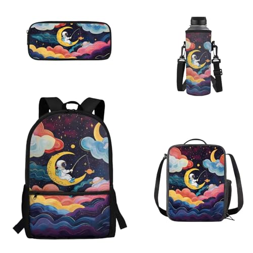 Woisttop Rucksack Schulranzen 4er Set Kinder Teenager Schultasche mit Lunchbox Federmäppchen Wasserbecher Cover Set, Astronaut von Woisttop