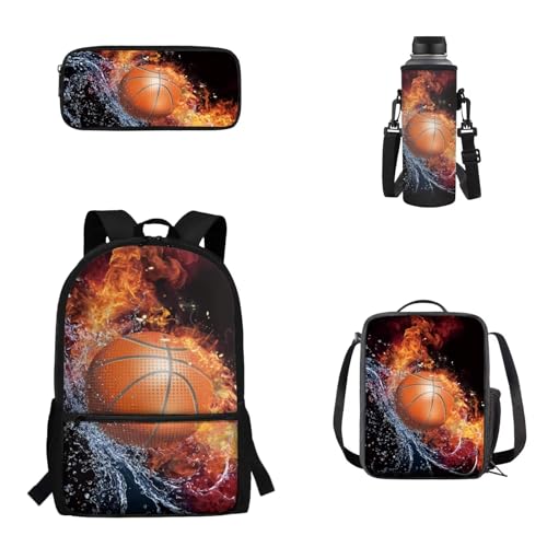 Woisttop Rucksack Schulranzen 4er Set Kinder Teenager Schultasche mit Lunchbox Federmäppchen Wasserbecher Cover Set, Basketball-Feuer von Woisttop