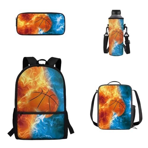 Woisttop Rucksack Schulranzen 4er Set Kinder Teenager Schultasche mit Lunchbox Federmäppchen Wasserbecher Cover Set, Basketball von Woisttop