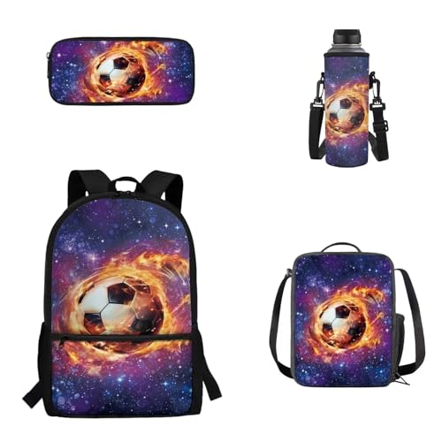 Woisttop Rucksack Schulranzen 4er Set Kinder Teenager Schultasche mit Lunchbox Federmäppchen Wasserbecher Cover Set, Fußball-Aufdruck von Woisttop