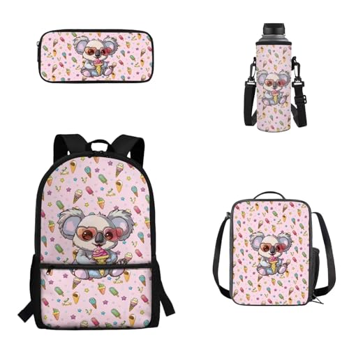 Woisttop Rucksack Schulranzen 4er Set Kinder Teenager Schultasche mit Lunchbox Federmäppchen Wasserbecher Cover Set, Kaola von Woisttop