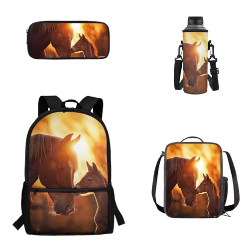 Woisttop Rucksack Schulranzen 4er Set Kinder Teenager Schultasche mit Lunchbox Federmäppchen Wasserbecher Cover Set, Pferd 3D von Woisttop