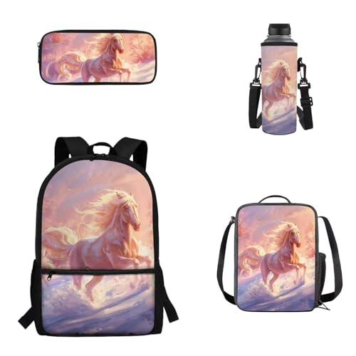 Woisttop Rucksack Schulranzen 4er Set Kinder Teenager Schultasche mit Lunchbox Federmäppchen Wasserbecher Cover Set, Pferdedruck von Woisttop