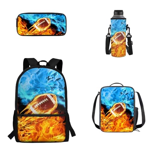 Woisttop Rucksack Schulranzen 4er Set Kinder Teenager Schultasche mit Lunchbox Federmäppchen Wasserbecher Cover Set, Rugby-Aufdruck von Woisttop