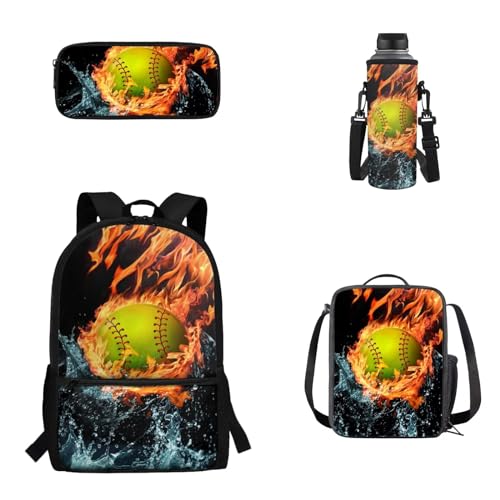 Woisttop Rucksack Schulranzen 4er Set Kinder Teenager Schultasche mit Lunchbox Federmäppchen Wasserbecher Cover Set, Softball von Woisttop