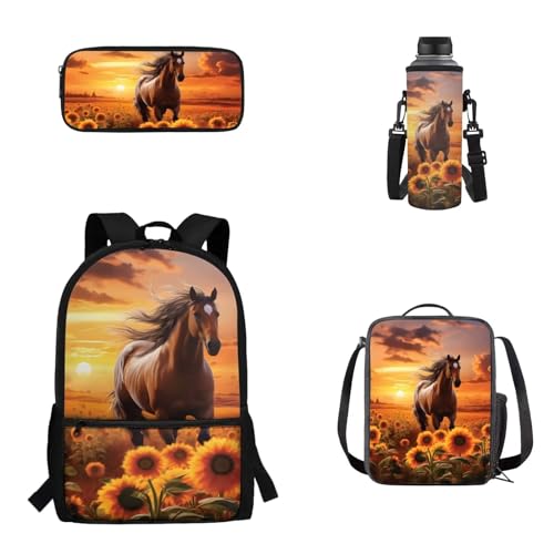 Woisttop Rucksack Schulranzen 4er Set Kinder Teenager Schultasche mit Lunchbox Federmäppchen Wasserbecher Cover Set, Sonnenblume von Woisttop