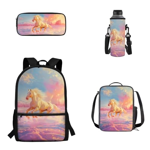 Woisttop Rucksack Schulranzen 4er Set Kinder Teenager Schultasche mit Lunchbox Federmäppchen Wasserbecher Cover Set, pferd von Woisttop