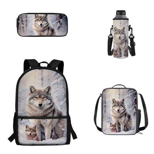 Woisttop Rucksack Schulranzen 4er Set Kinder Teenager Schultasche mit Lunchbox Federmäppchen Wasserbecher Cover Set, wolf von Woisttop