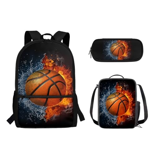 Woisttop Schul-Büchertasche für Kinder, mit isolierter Kühltasche, Federmäppchen, Rucksack, Tagesrucksack für Kinder, Teenager, Mädchen, Jungen, 3 Stück, 1 x Basketball von Woisttop