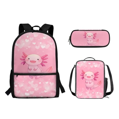 Woisttop Schul-Büchertasche für Kinder, mit isolierter Kühltasche, Federmäppchen, Rucksack, Tagesrucksack für Kinder, Teenager, Mädchen, Jungen, 3 Stück, Axolotl von Woisttop