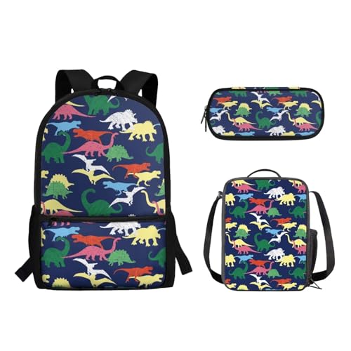 Woisttop Schul-Büchertasche für Kinder, mit isolierter Kühltasche, Federmäppchen, Rucksack, Tagesrucksack für Kinder, Teenager, Mädchen, Jungen, 3 Stück, Dinosaurier von Woisttop