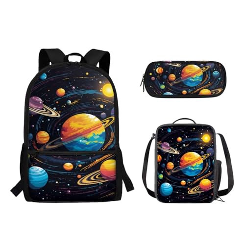 Woisttop Schul-Büchertasche für Kinder, mit isolierter Kühltasche, Federmäppchen, Rucksack, Tagesrucksack für Kinder, Teenager, Mädchen, Jungen, 3 Stück, Planet von Woisttop