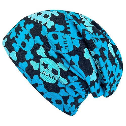 Wollhuhn ÖKO Long-Beanie, Wende-Mütze, ganzjährig, Coole Skulls blau/schwarz, Innenseite Uni grau, für Mädchen und Jungen (aus Öko-Stoffen, Bio) 20160212, Größe L von Wollhuhn