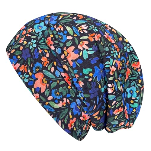 Wollhuhn ÖKO Jungen/Mädchen Bequeme Weiche Long Beanie/Mütze/Beanie-Mütze/Strickmütze/Kindermütze Jersey Gefüttert Übergangszeiten (Öko-Stoffe/Bio) 20220601 (LB Blumen Schwarz/Bunt, M) von Wollhuhn