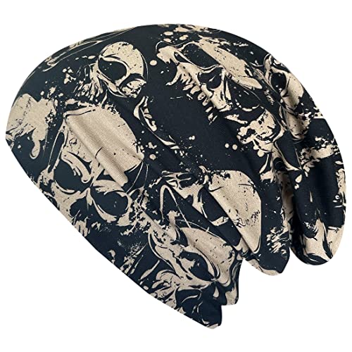 Wollhuhn ÖKO Jungen/Mädchen Bequeme Weiche Long Beanie/Mütze/Beanie-Mütze/Strickmütze/Kindermütze Jersey Gefüttert Übergangszeiten (Öko-Stoffe/Bio) 20220620 (Skull Taupe/Schwarz, M) von Wollhuhn