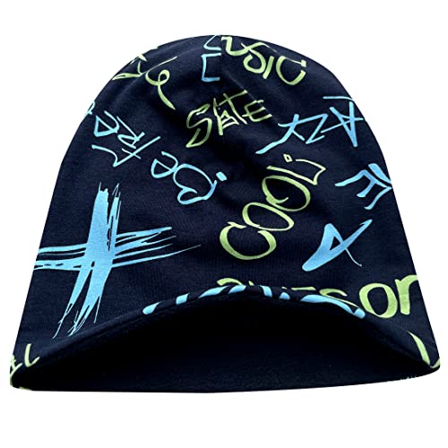 Wollhuhn Öko Warme Kuschelige Winter Jungen/Mädchen Winter Long Beanie Mit Fleecefutter Versch. Motive (aus Öko-Stoffen, Bio) 20220666 (Cool Music Schwarz/Blau/Grün, S) von Wollhuhn